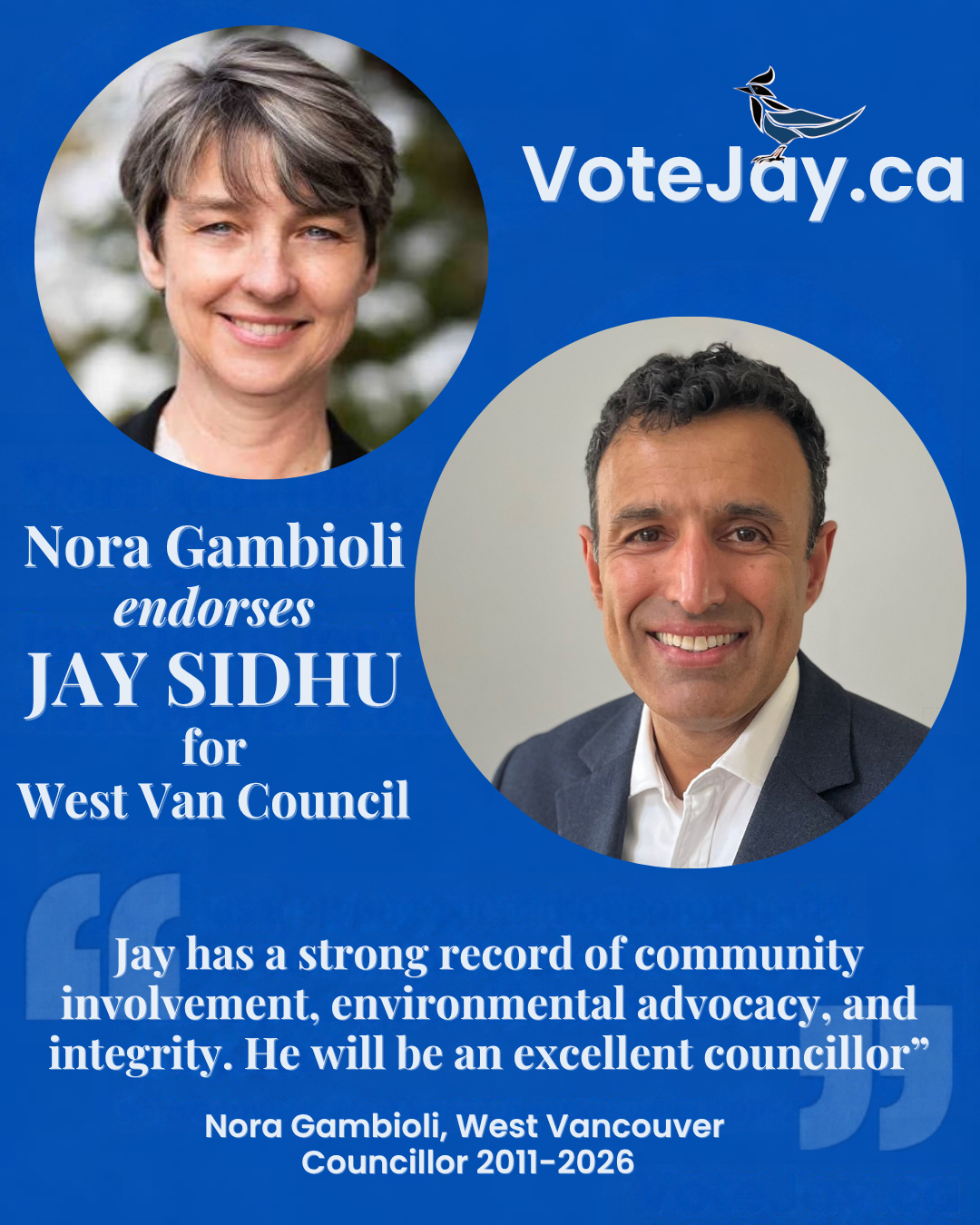 Nora Gambioli endorses Jay Sidhu for West Vancouver Council